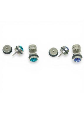 💎 Crystal Gem Fake Plug Earrings Steel 2 Pairs Silver Teal & Purple Alternative